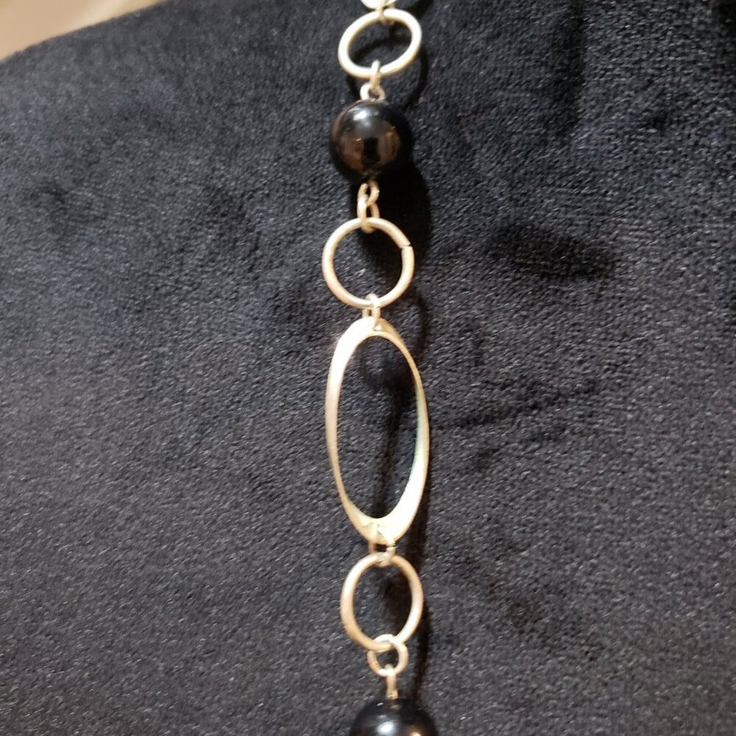 Womens Fashion Black Beaded Silver Tone Link Chain Long Necklace Jewelry
