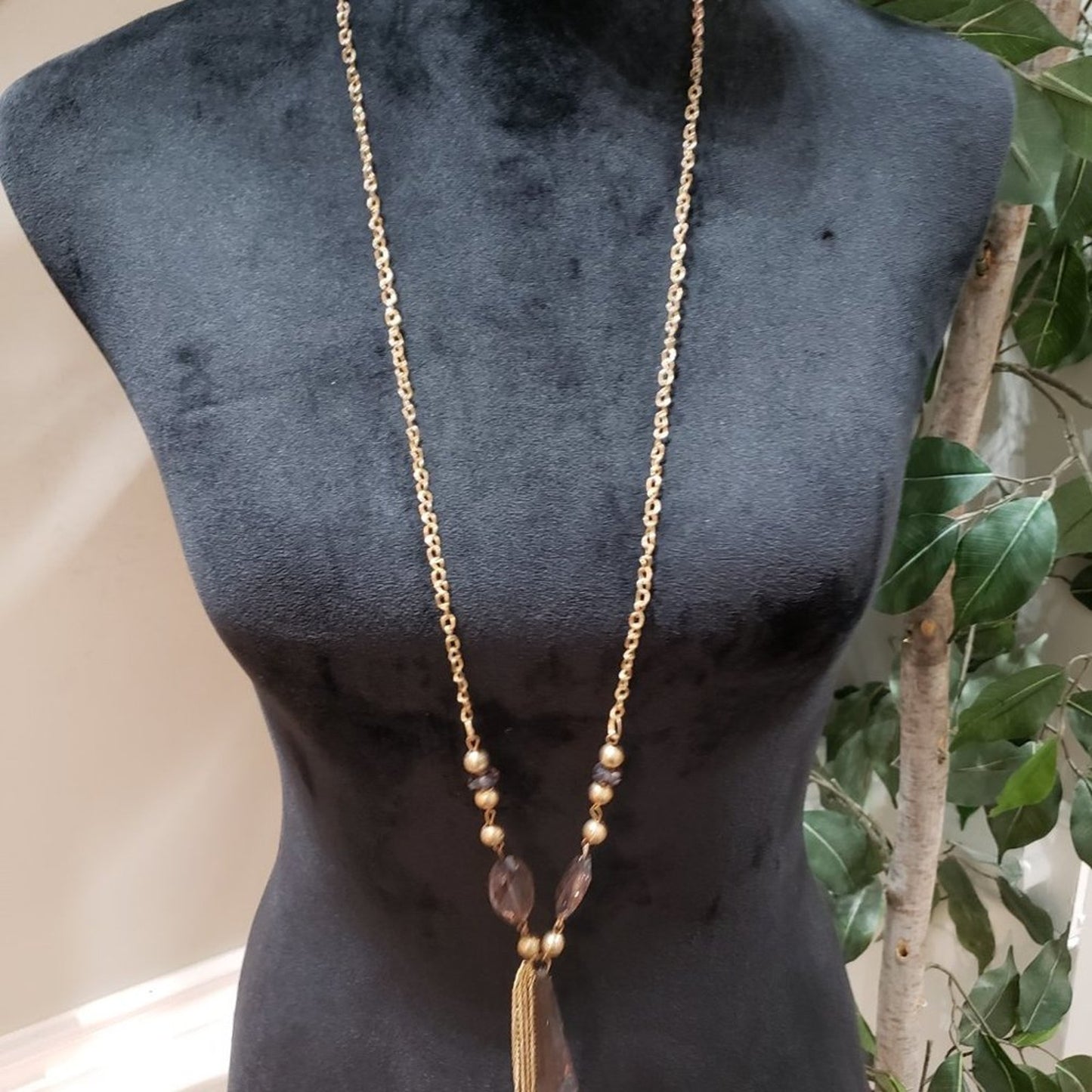 Women Fashion Gold Tone Beads Crystal Pendulum Pendant Necklace w/ Lobster Clasp