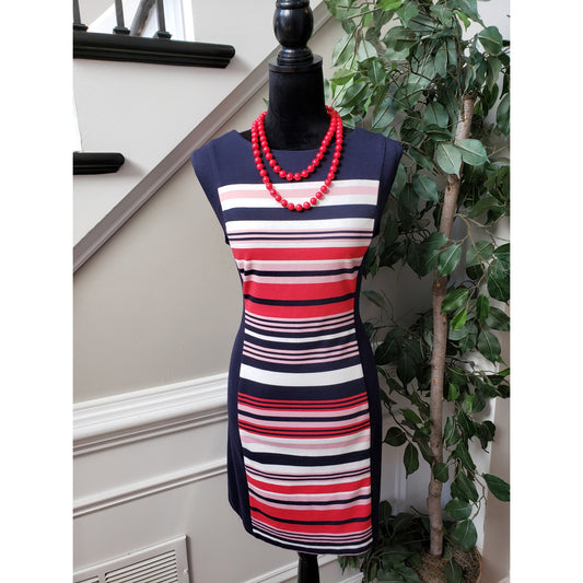 R&M Richards Knee Length Dress Women Petite 12 Multi Striped Sleeveless Back Zip
