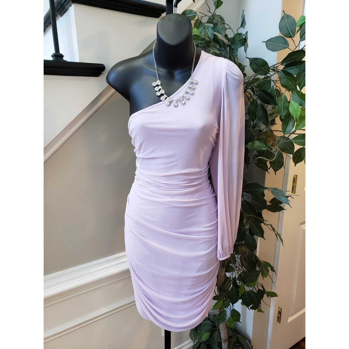 SHEIN Bodycon Dress Womens 12 Lavender Lantern Sleeve One Shoulder Ruched