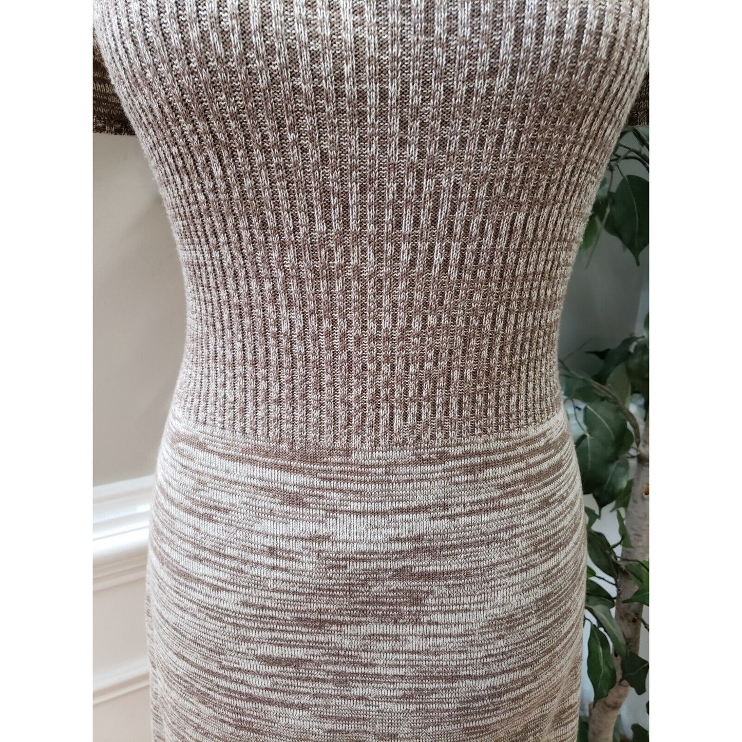 Calvin Klein Women's Beige Knit Space Dye Short Sleeve Cowl Neck Sweater Dress S