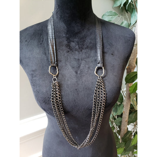 Multi-Chain Black Metal Necklace with Faux Leather Straps Women’s Fashion