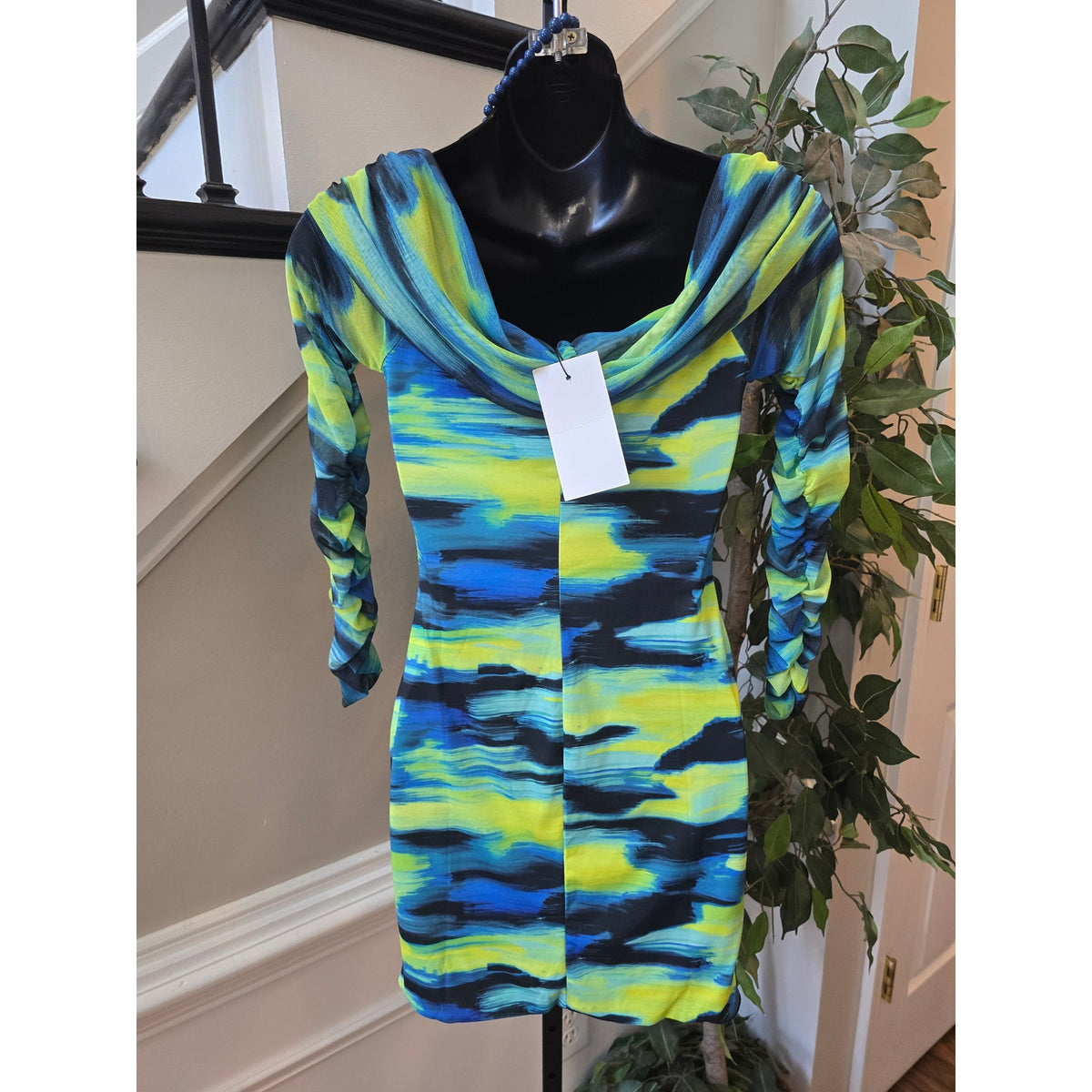 Club L Bodycon Dress 10 Tie Dye Stretch Bardot Neck Ruched Long Sleeve Party