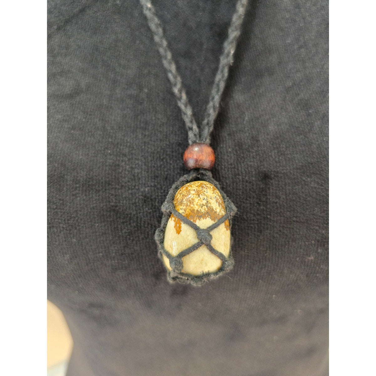 Long Black Cloth Cord Tan Stone Pendant Necklace Boho Style