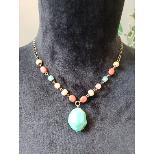 Women's Colorful Beaded Necklace Lobster Clasp Green Pendant Boho Style