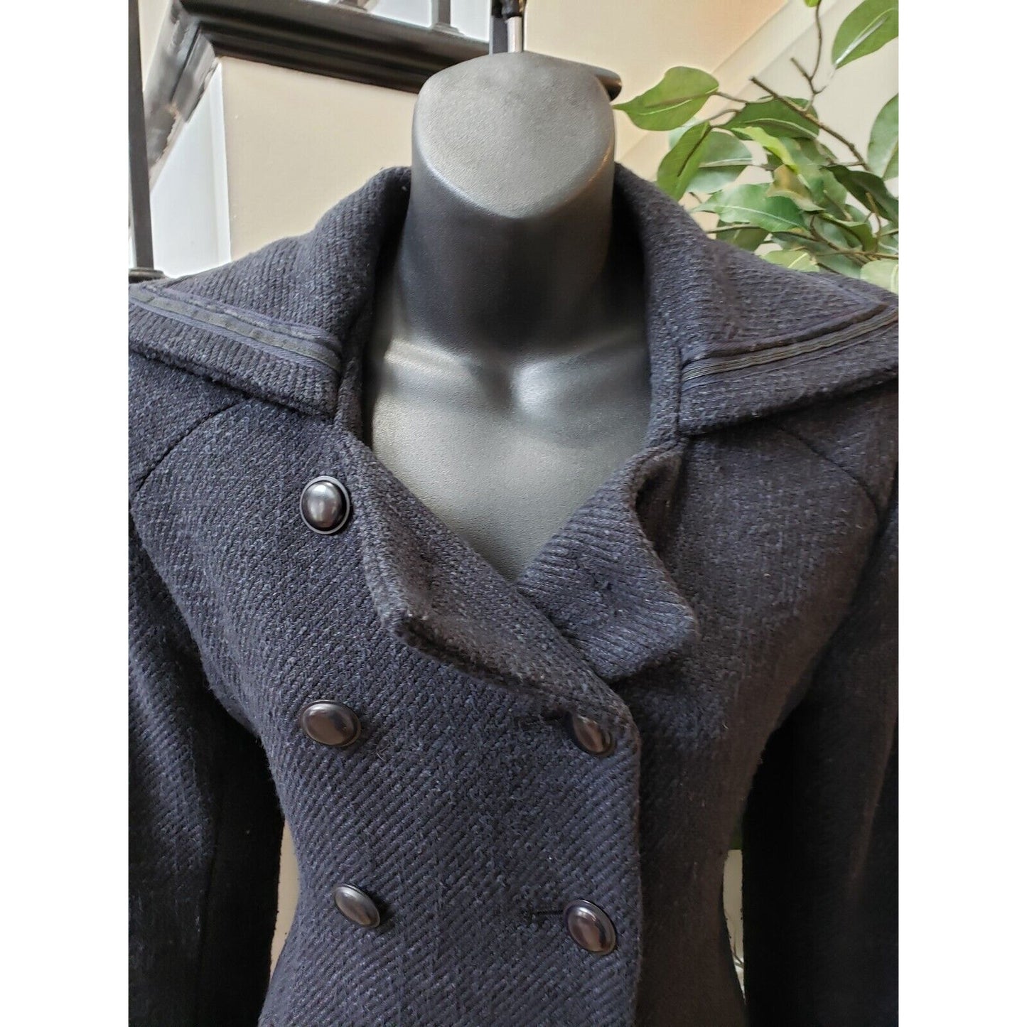 Mint Womens Black Wool Lined Wide Collar Double Breasted Trench Coat Size 2