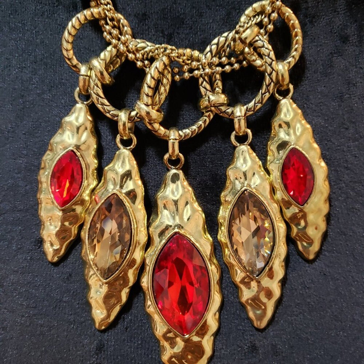 Women Red & Brown Crystal Leaf Stone Gold Tone Chain Necklace with Lobster Clasp