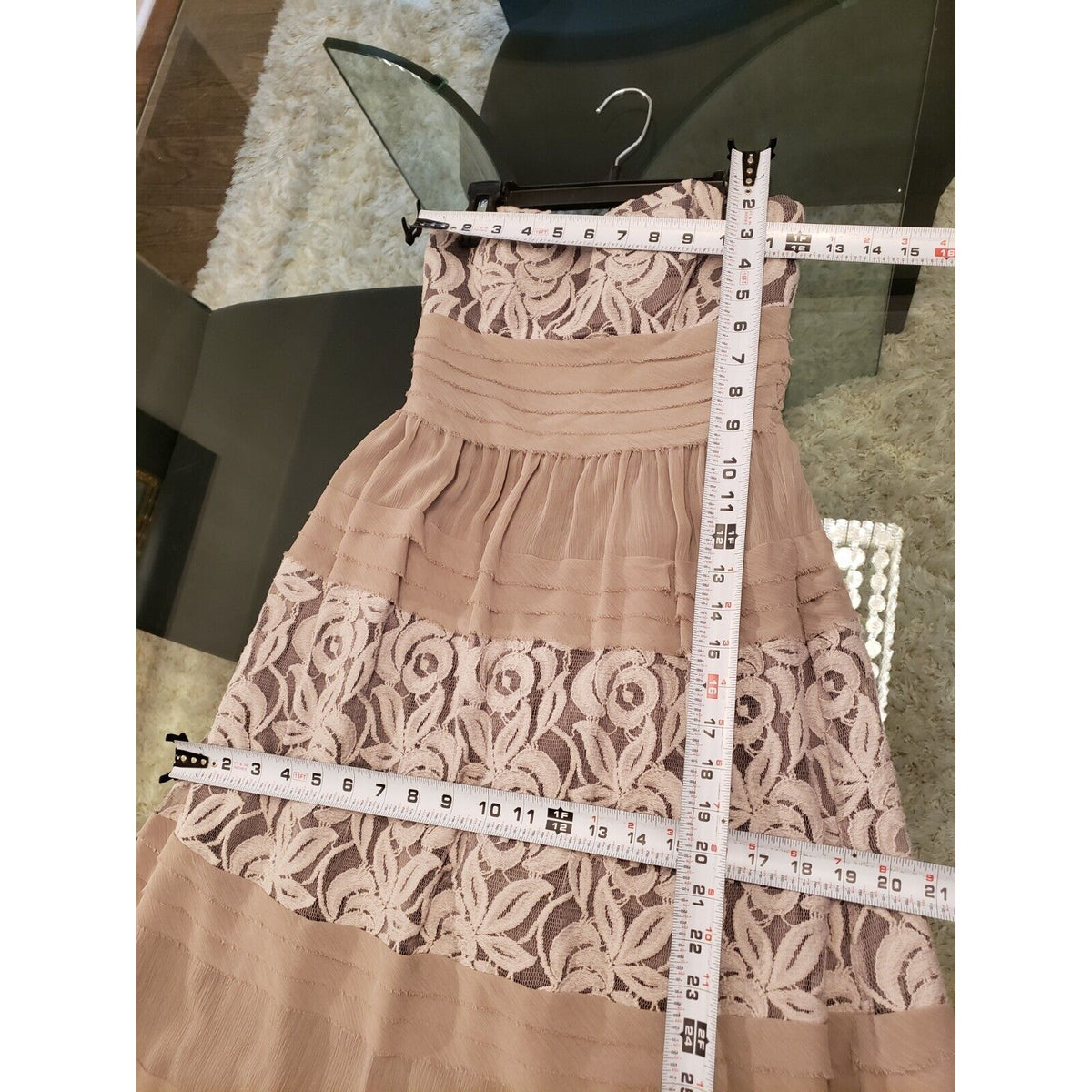 BCBGMAXAZRIA Women Beige Floral Lace Chiffon Off The Shoulder Long Maxi Dress XS