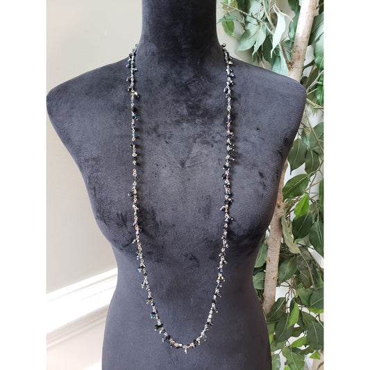 Women's Long Black Crystal Beaded Necklace Silver Chain No Clasp Handmade