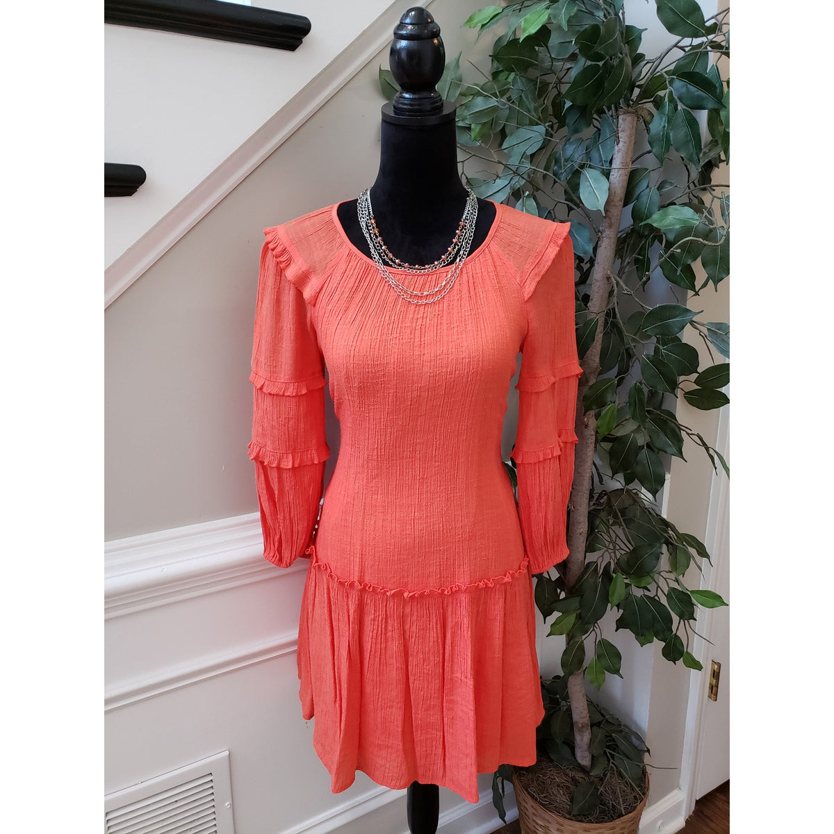 Harper 241 A-Line Dress Womens Small Coral Balloon Sleeve Frill Hem Lined