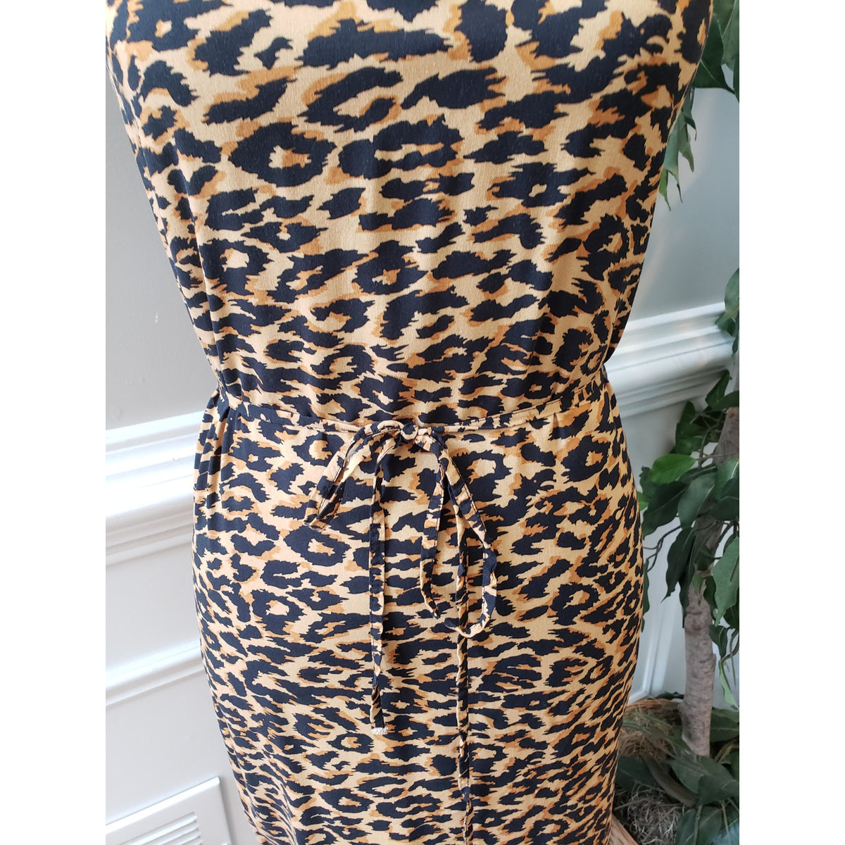 Beachlunchlounge Dress Women Medium Brown Black Leopard Print Sleeveless Tie