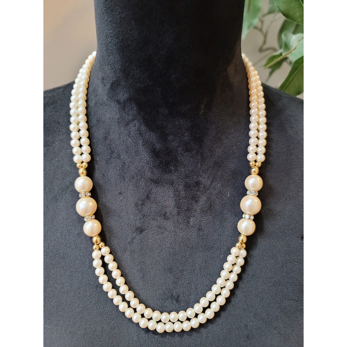 Women's Double Strand Pearl Necklace with Gold Accents and Clasp Lock