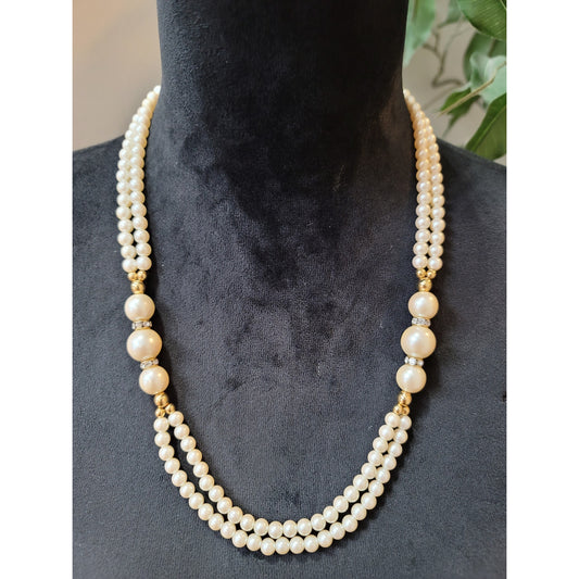 Women's Double Strand Pearl Necklace with Gold Accents and Clasp Lock
