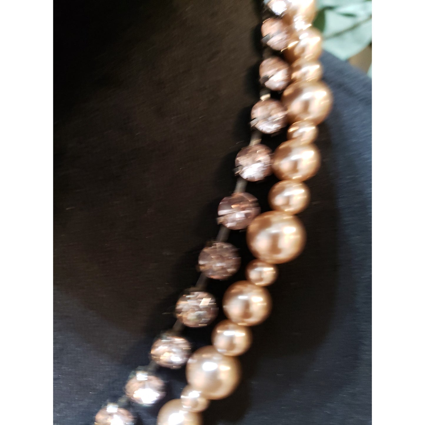 Womens 2 Strand Faux Pearl Rhinestone Trim Bling Chain Necklace w/ Spring Clasp