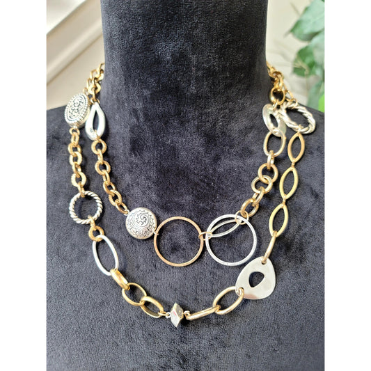 Women's Mixed Metal Link Chain Statement Necklace Gold Silver Adjustable Fashion