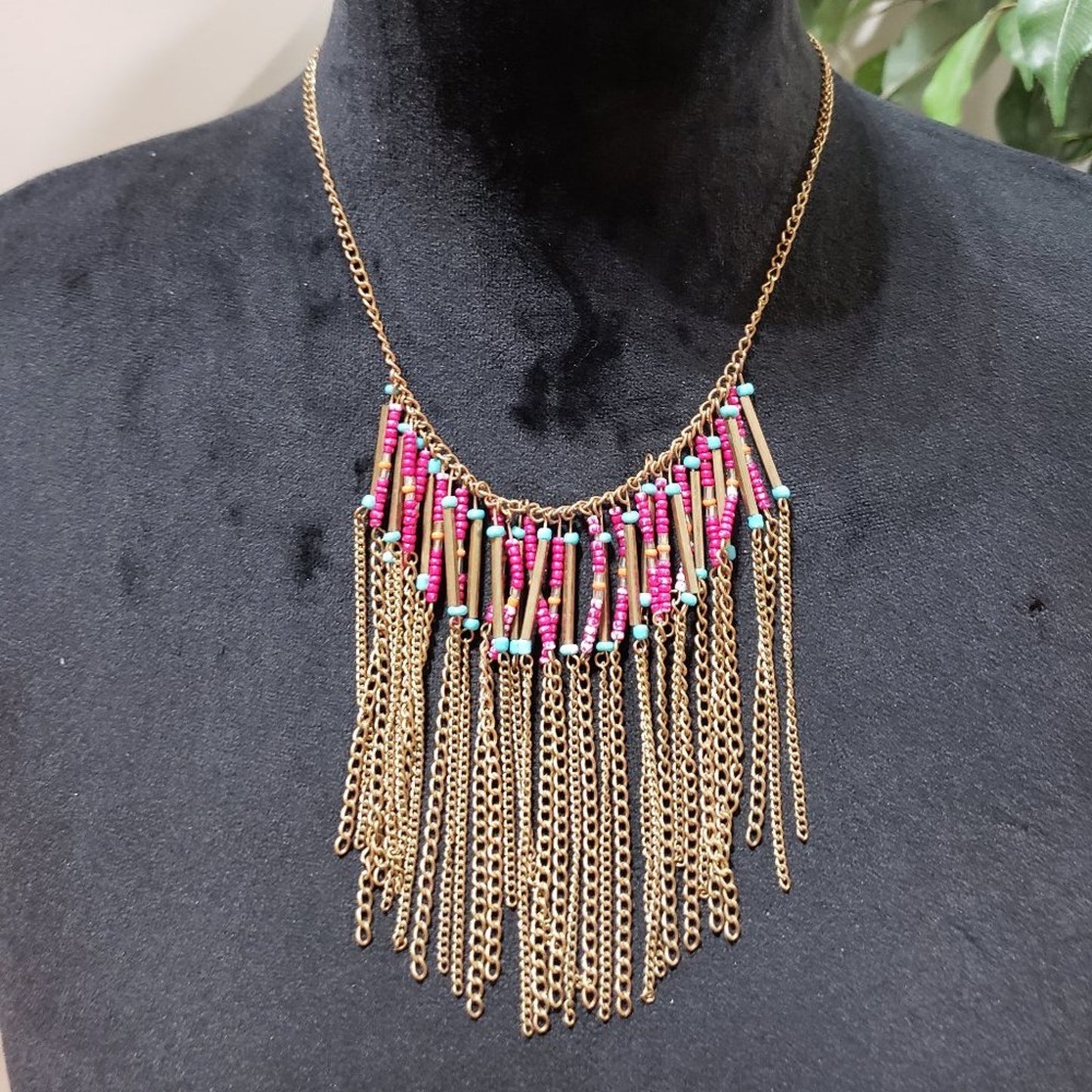 Womens Fashion Boho Layered Fringe Seed Bead Gold Tone Statement Necklace