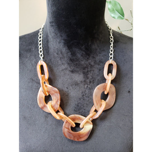 Women's Chunky Resin Link Statement Necklace Lobster Clasp Brown Tortoise Look