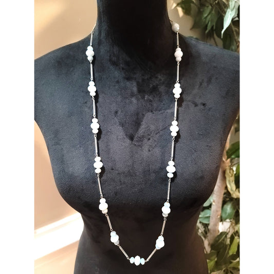 Women's Long Beaded Necklace White Faceted Beads Lobster Clasp Fashion Jewelry