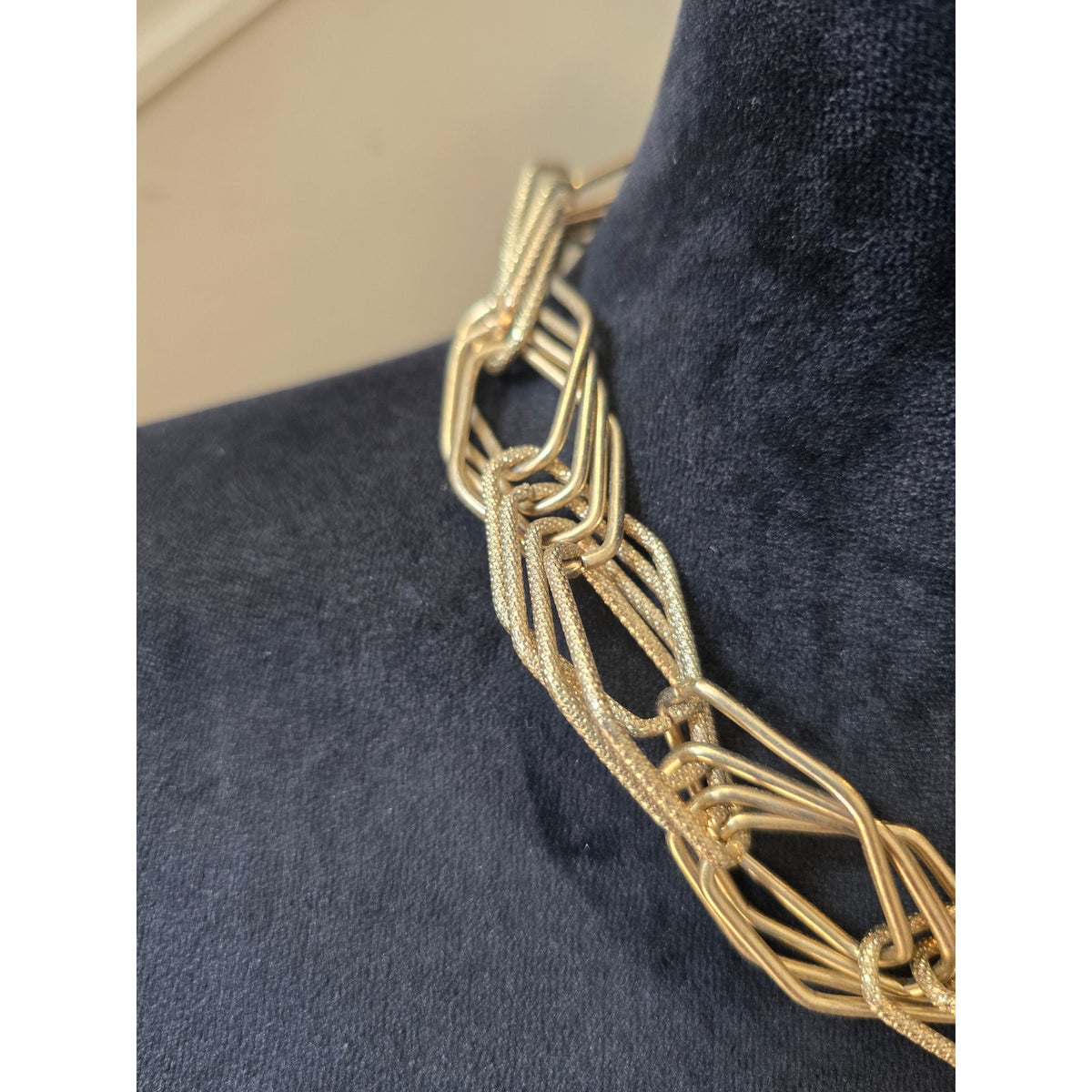 Gold Tone Chunky Geometric Multi Strand Chain Statement Necklace