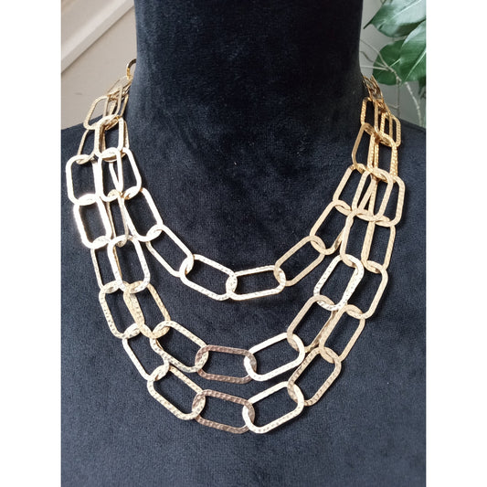 Gold Tone Triple Layer Hammered Link Chain Statement Lightweight Necklace Collar