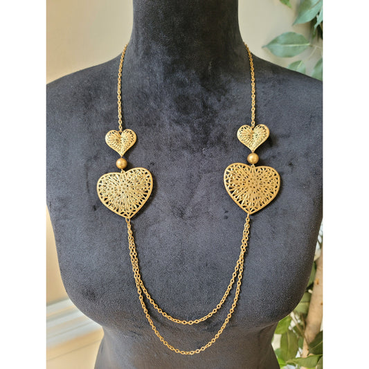 Women's Gold Heart Pendant Necklace With Double Chain And Lobster Clasp Lock