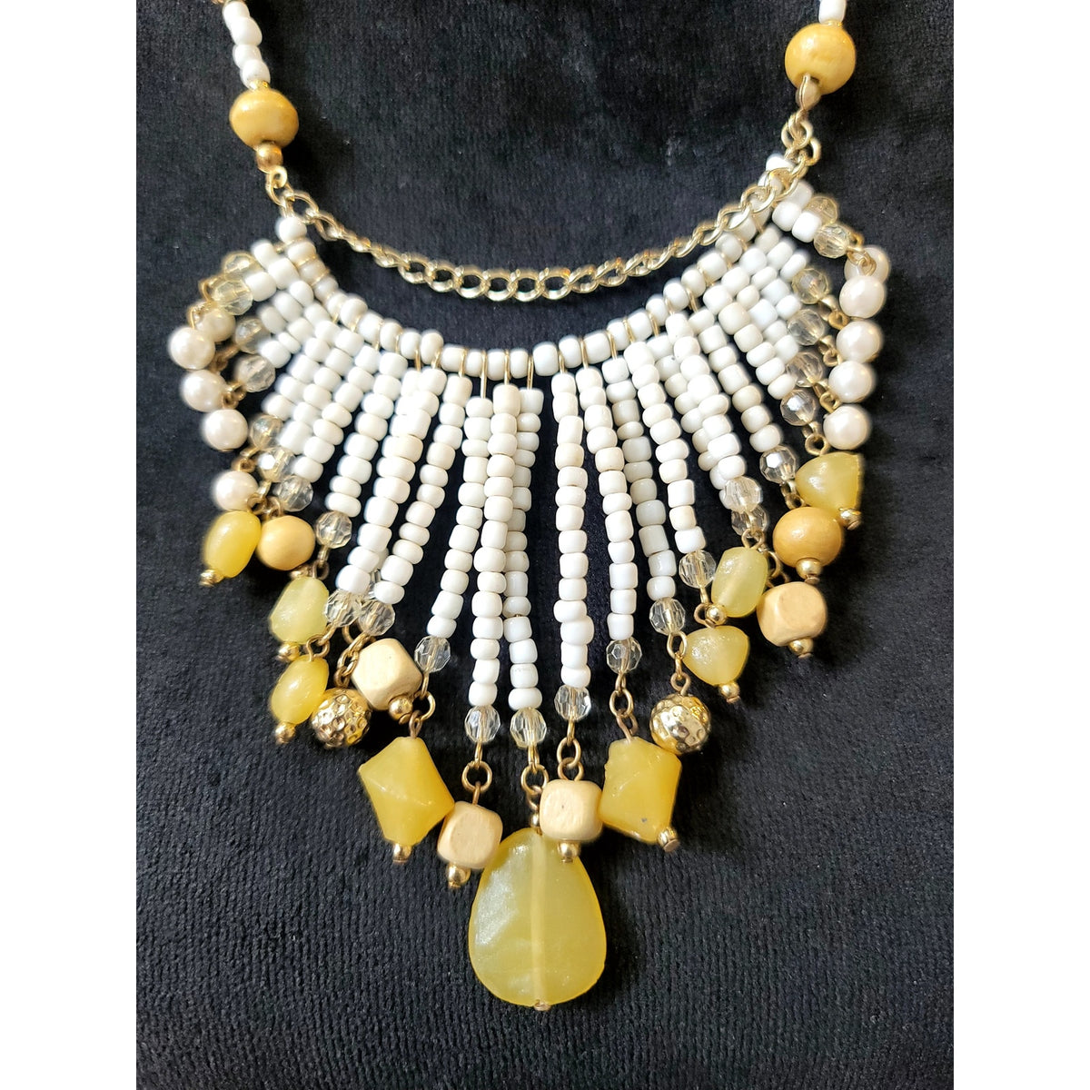 White Gold Beaded Fringe Bib Statement Necklace Boho
