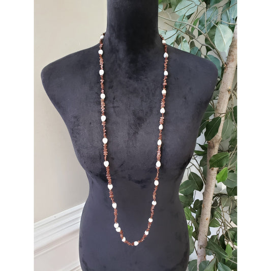 Women Fashion Irregular Brown Chip Gravel & White Baroque Beads Necklace Jewelry