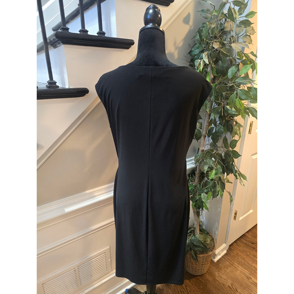 Lauren Ralph Lauren Cocktail Dress Women SZ 14 Black Faux Wrap Boat Neck Keyhole
