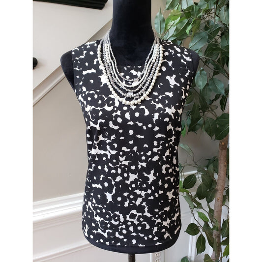 CAbi Women's White Black Floral 100% Polyester Round Neck Sleeveless Top Tank XS