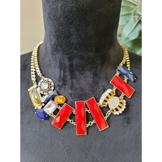 Women's Statement Multicolor Gemstone Necklace With Gold Chain And Lobster Lock