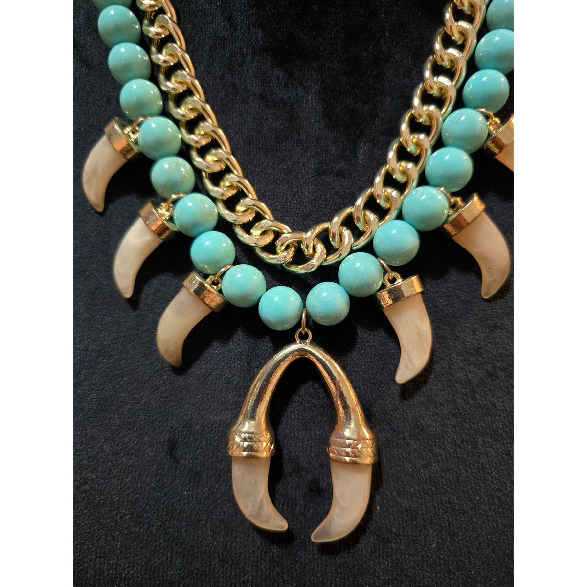 Women's Turquoise Bead Necklace Gold Chain Tusk Pendant Statement Chunky Bib