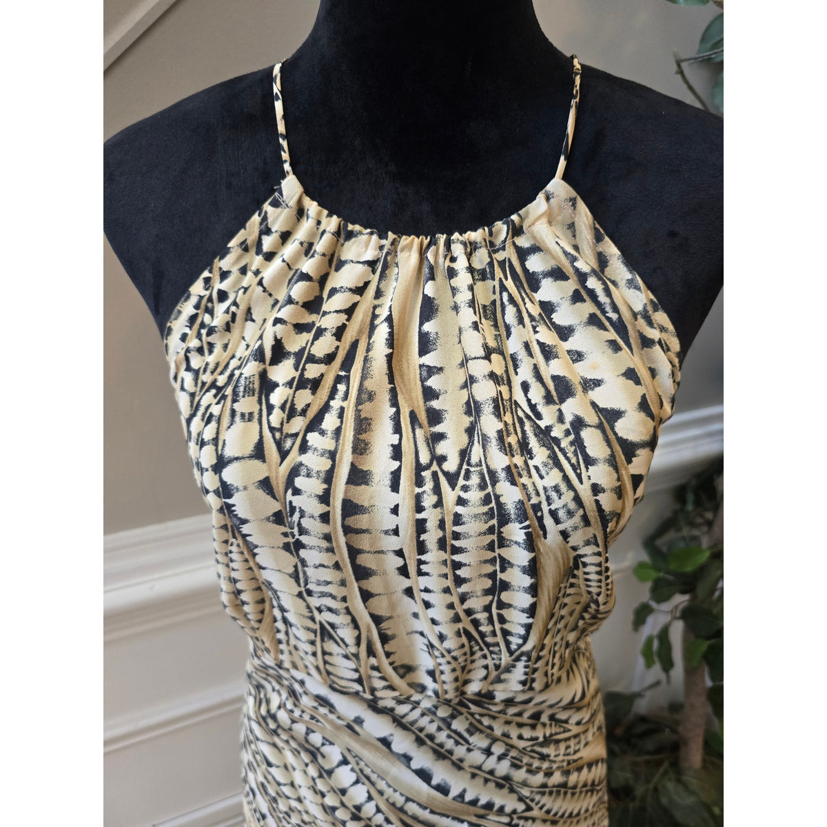 New York & Company Midi Dress Women Large Beige Abstract Halter Neck Back Zipper
