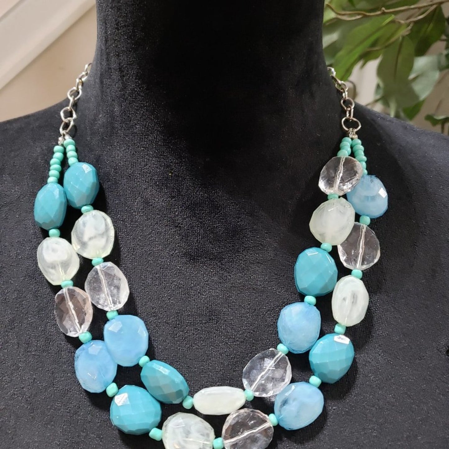 Women Fashion Mystic Mint Faceted Bead 2 Strand Collar Necklace w/ Lobster Clasp