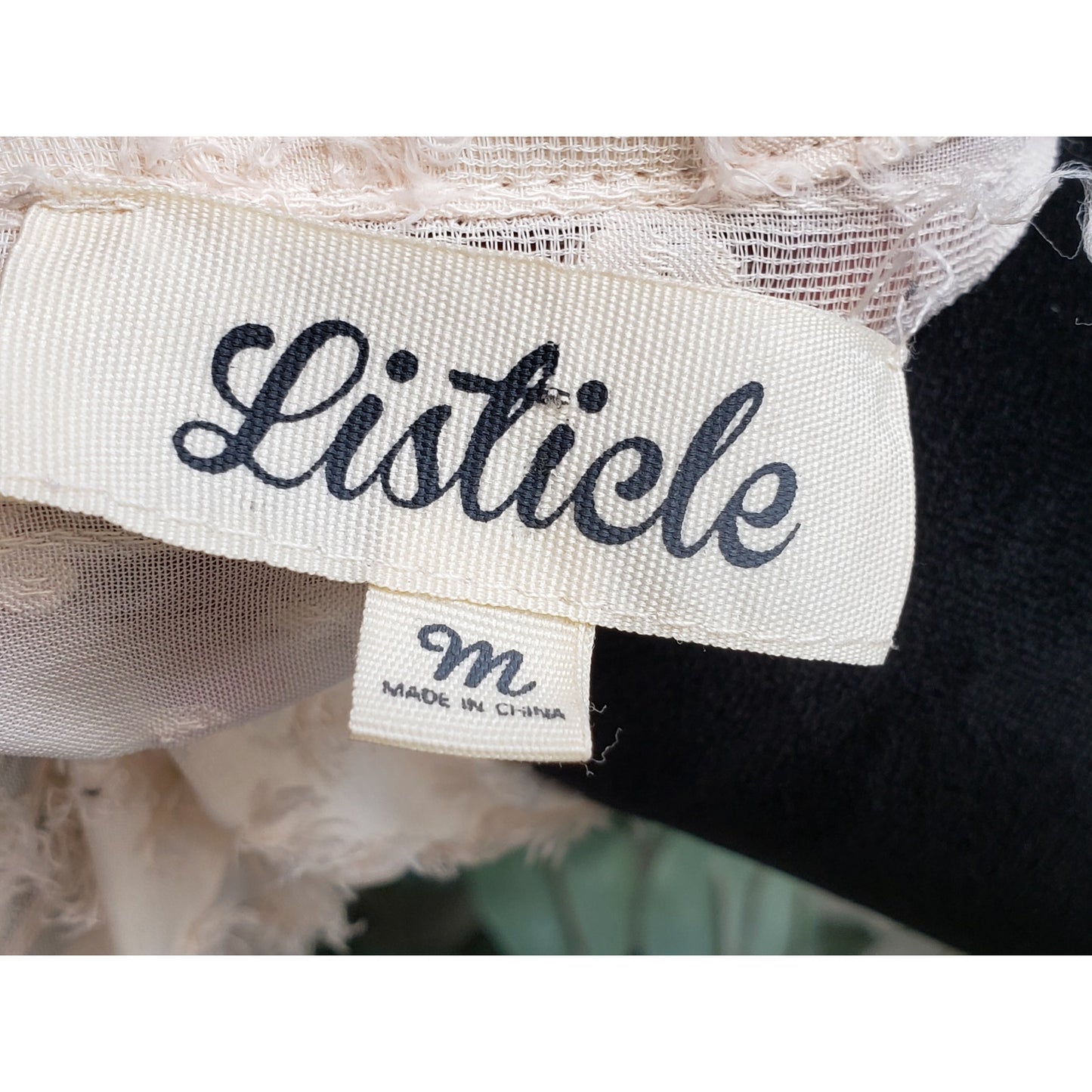 Listicle Button Down Shirt Womens Medium Beige Lace Sheer Tie Neck Long Sleeve