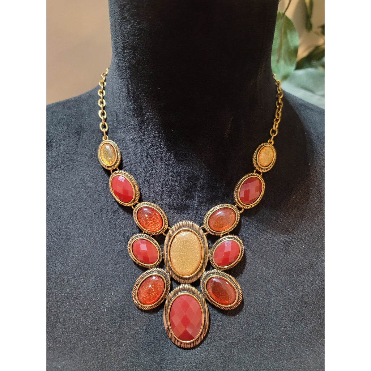 Liz Claiborne Women's Gold Tone Red Gem Statement Necklace With Lobster Claw