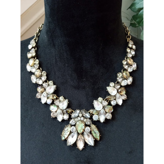 Vintage Iridescent Rhinestone Statement Necklace Floral Bib Bridal Glam Necklace