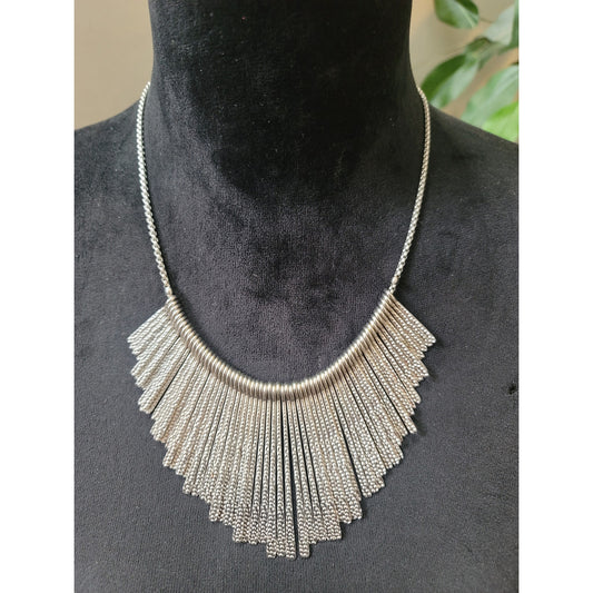 Women's Silver Tone Statement Fringe Bib Necklace and Earring Set Stylish
