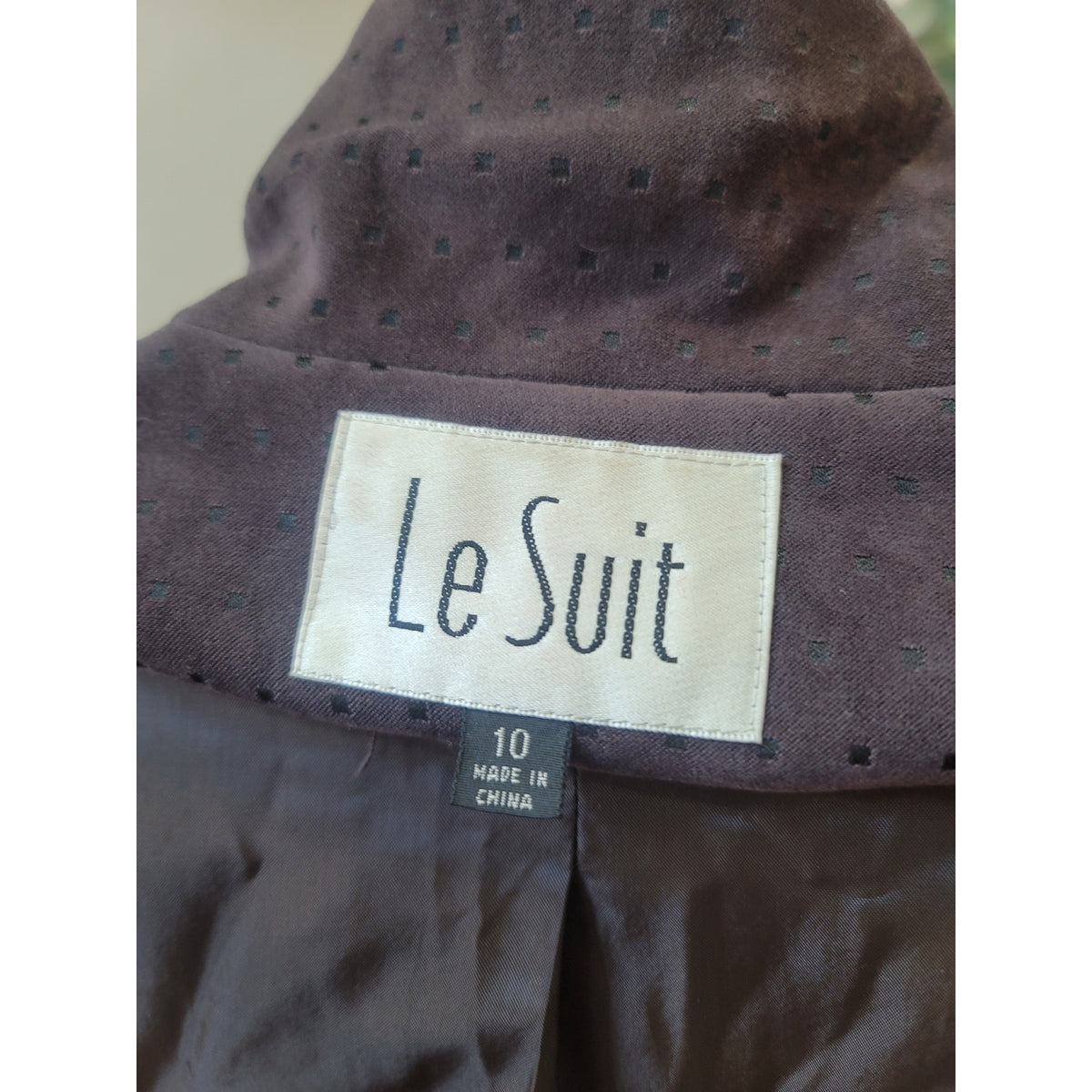 Le Suit Skirt Set Women's SZ 10 Brown Pin-Dot Fully Lined Back Slit long Sleeve