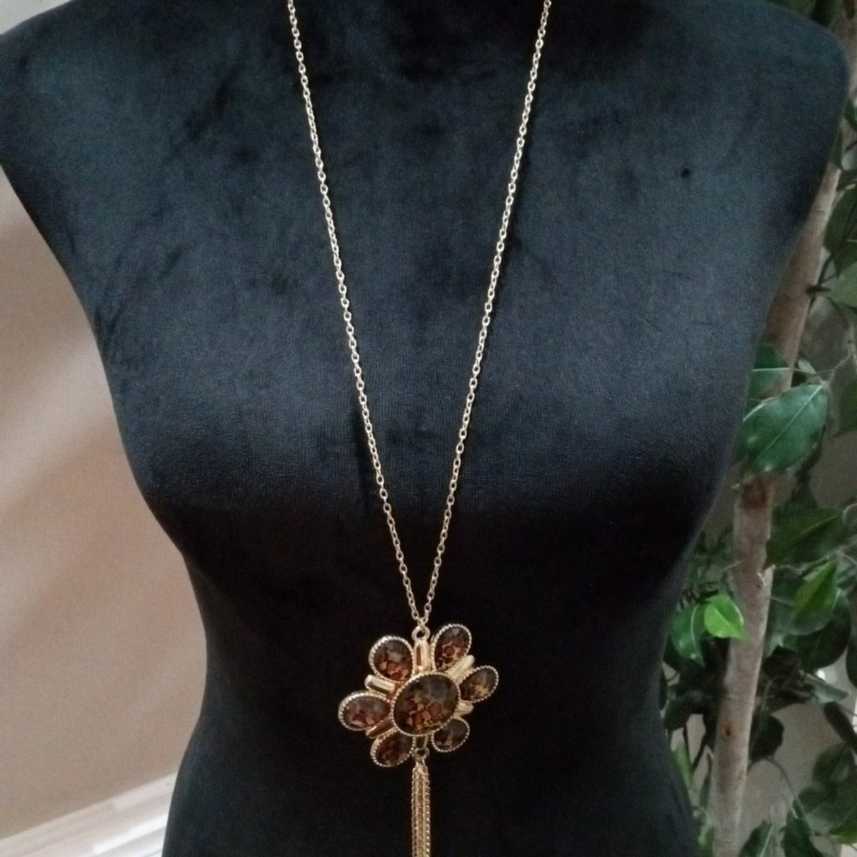 Womens Fashion Chunky Leopard Print Art Floral Tassel Pendant Long Necklace