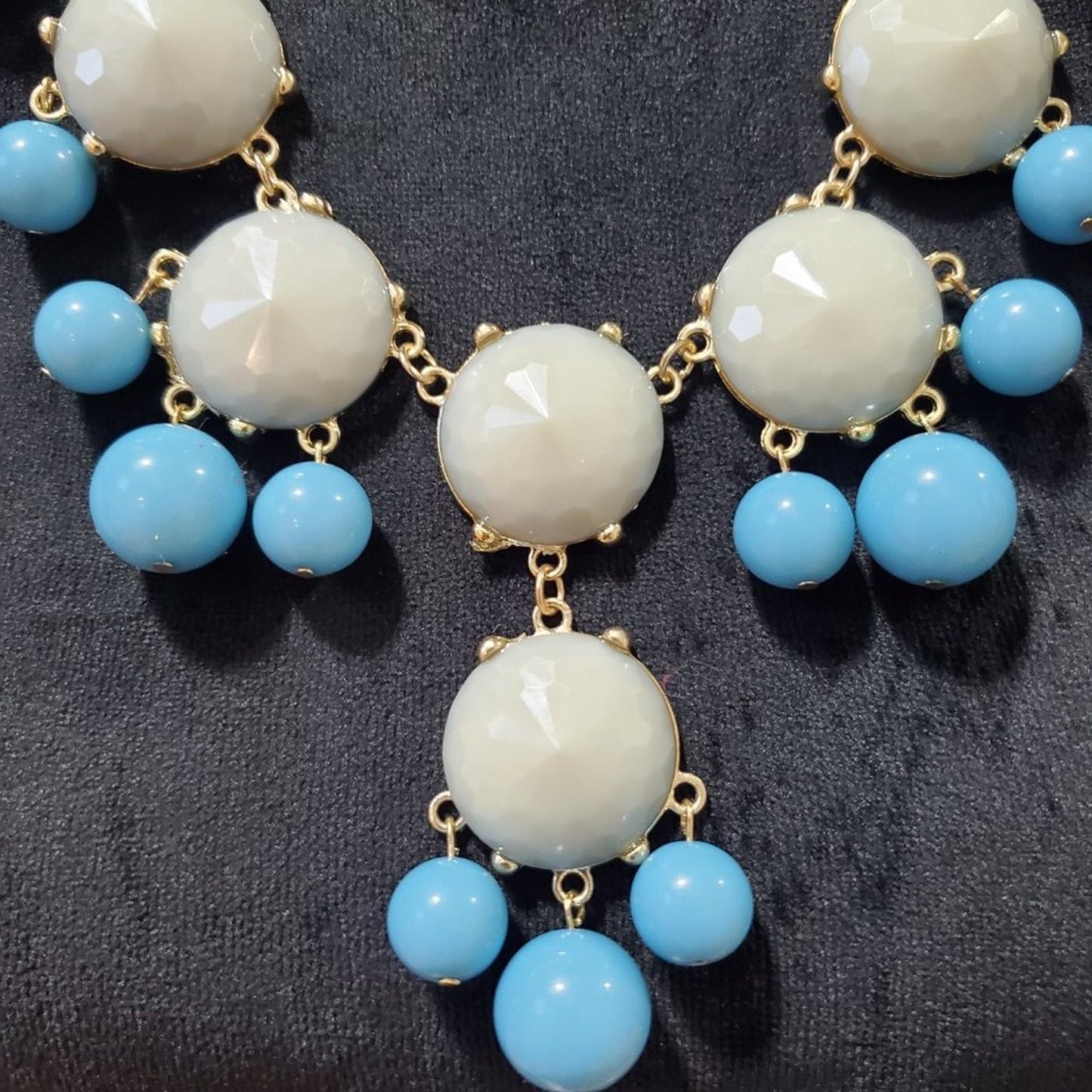 Womens White Blue Bubble Beaded Gold Tone Statement Necklace with Lobster Clasp