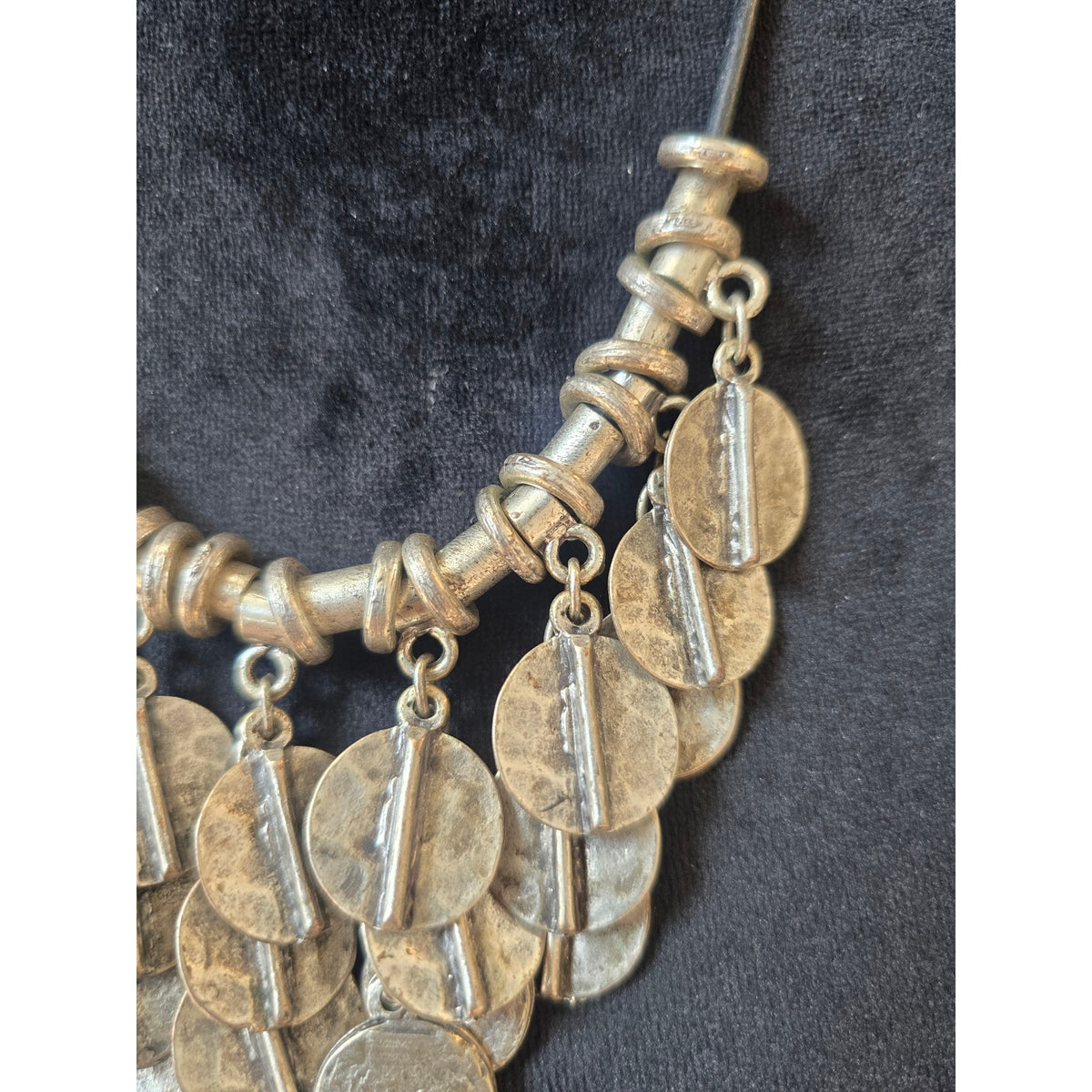 Silver Tone Hammered Disc Bib Statement Necklace Boho Tribal Chunky Fashion