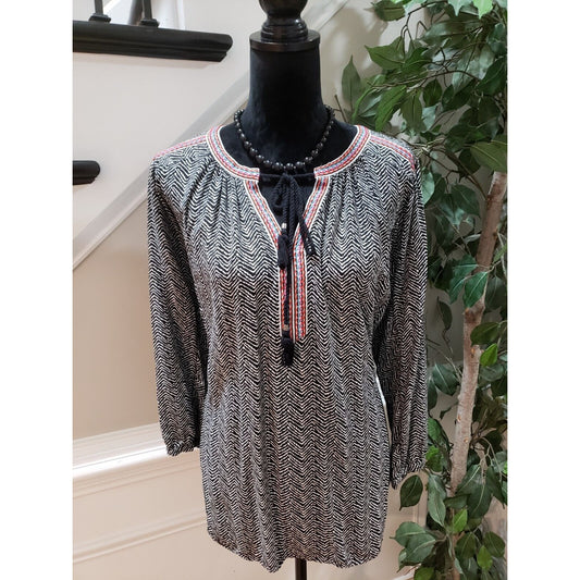 Les Serein Womens Black & White 100% Rayon V-Neck Long Sleeve Top Blouse Size 2X