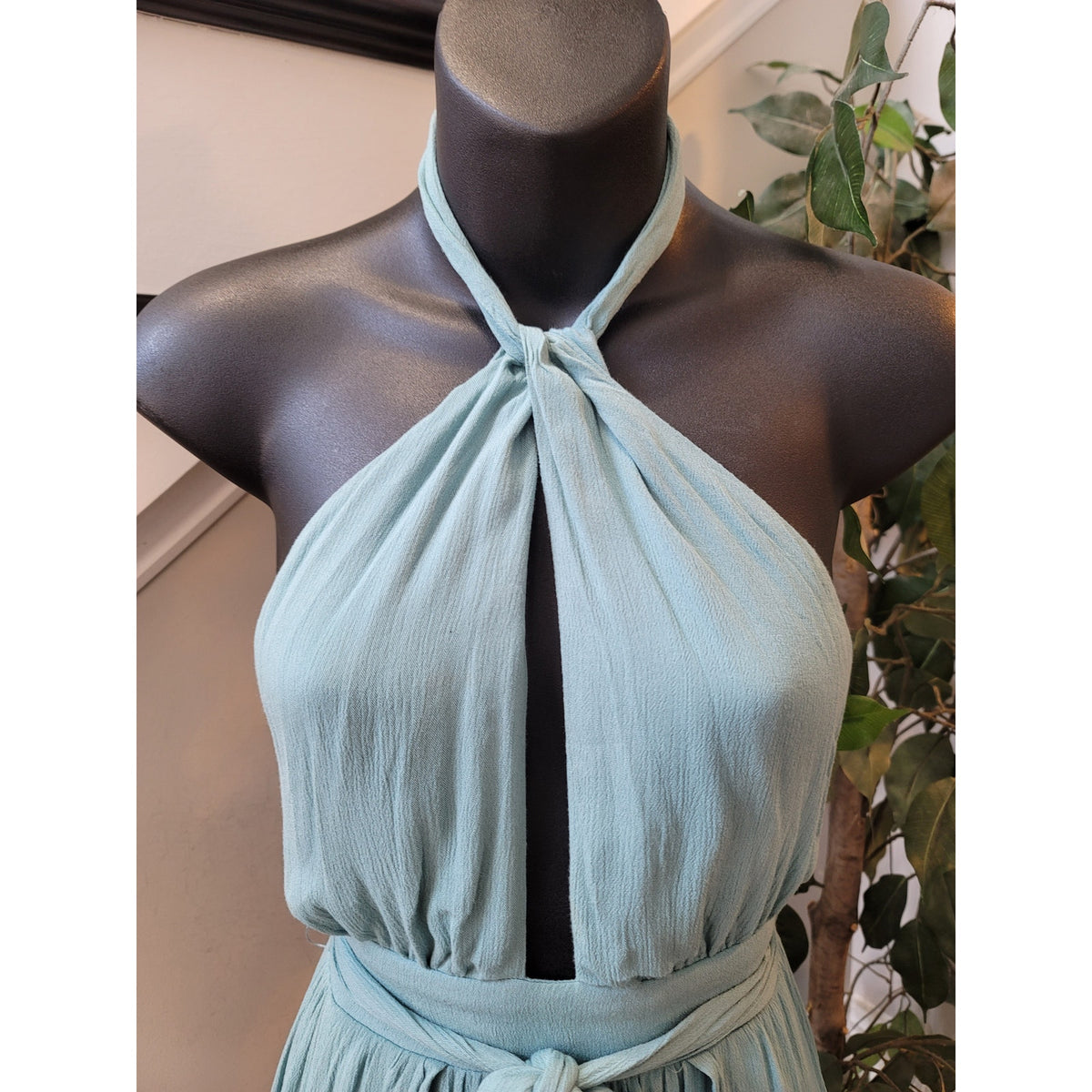 Forever 21 Maxi Dress Women's XS Light Green Halter Front Tie Cut-Out Casual