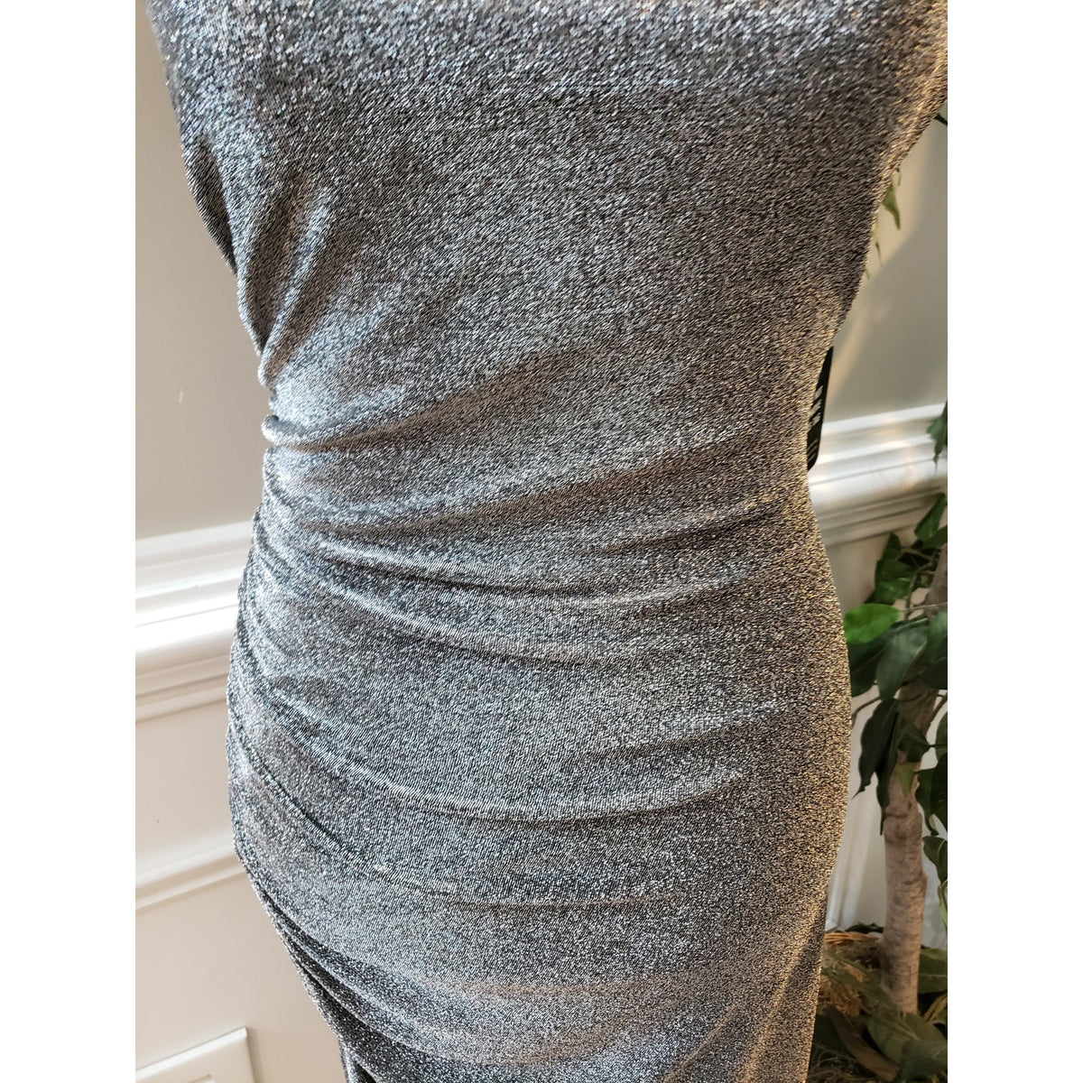 Express Dress Women M Silver Metallic One Shoulder Ruched Bodycon Party NWT