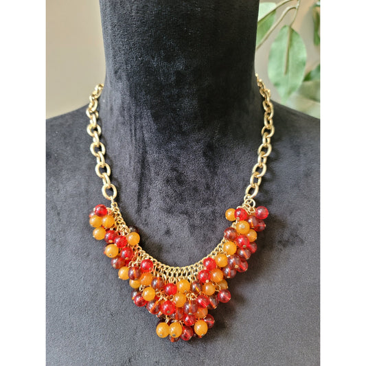 Women's Gold Statement Necklace With Red Orange Beaded Cluster And Lobster Clasp