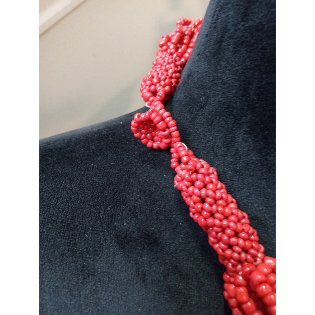 Vintage Red Multi Strand Seed Bead Torsade Statement Necklace Twisted Bib Collar