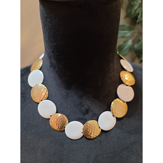 Women's White And Gold Hammered Disc Choker Necklace With Box Clasp Lock