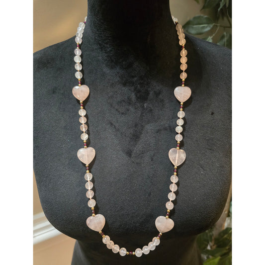 Women Rose Quartz Heart Bead Necklace With Gold Spacer Beads And Garnet Accents