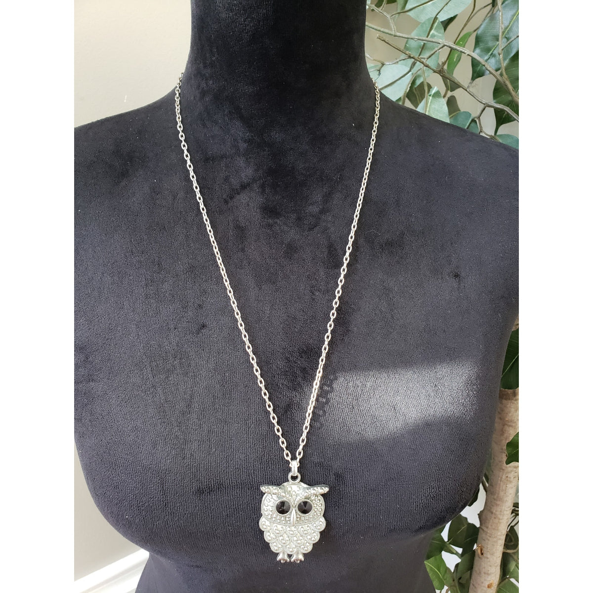 Womens Silver Owl Pendant Black Rhinestone Owl & Animal  Lover Gift Necklace