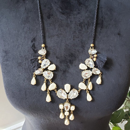 Womens Fashion Clear Beige Rhinestone Beaded String Tie Necklace Jewelry